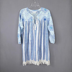 The Company Store Cover Up Size Large Blue Cotton Tassel Fringe Boho Beach Swim